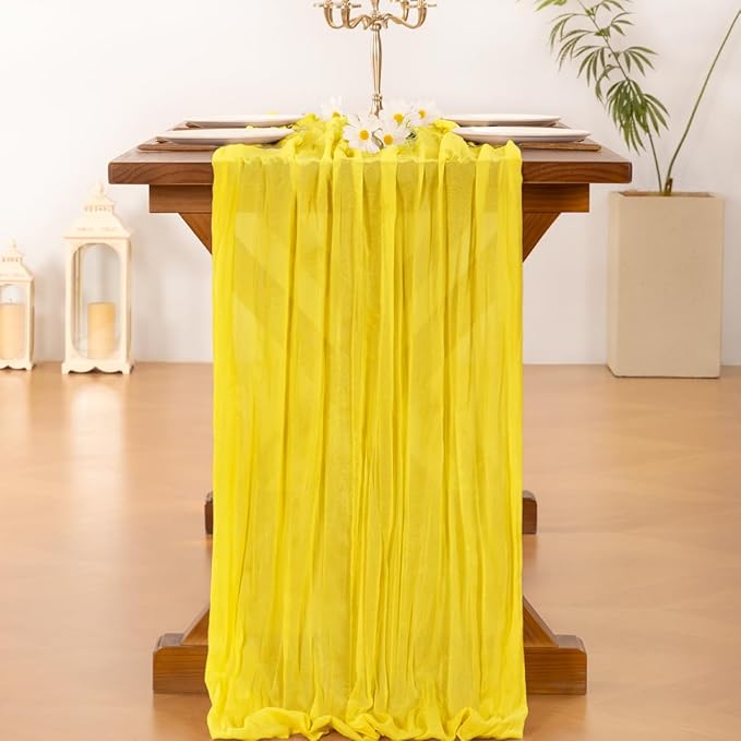 Socomi Yellow Cheesecloth Spring Table Runner Boho Rustic Gauze 120 inch 10FT Cheese Cloth Runner for Wedding Party Baby Shower Birthday Home Decor