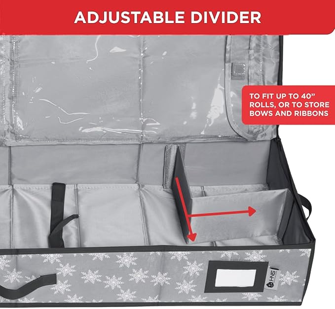 HOLDN??STORAGE Premium Wrapping Paper Storage Container - Durable 600D Tear-Proof, Fits 27 Rolls Gift Wrap, Extra Pockets for Ribbons & Bows, Underbed Storage - Ideal for Holiday Christmas, Grey/White Snowflakes