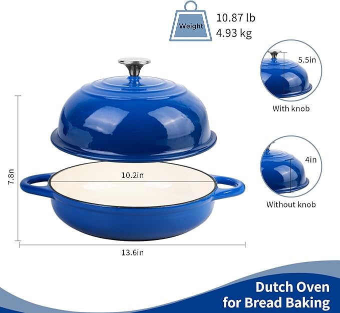 Dutch Oven for Bread Baking, 5.4 Quart Dutch Enameled Cast Iron Bread Oven, Dutch Oven for Sourdough Bread Baking, Oven Safe up to 500째 F, 25 cm Blue