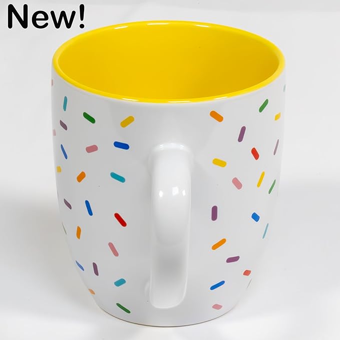 Daffodil Yellow Cute Coffee Mug with Rainbow Sprinkles | Birthday Cake Coffee Cup Gift | Large White Ceramic Cup | Ice cream and Dunkin Donuts Coffee Mugs
