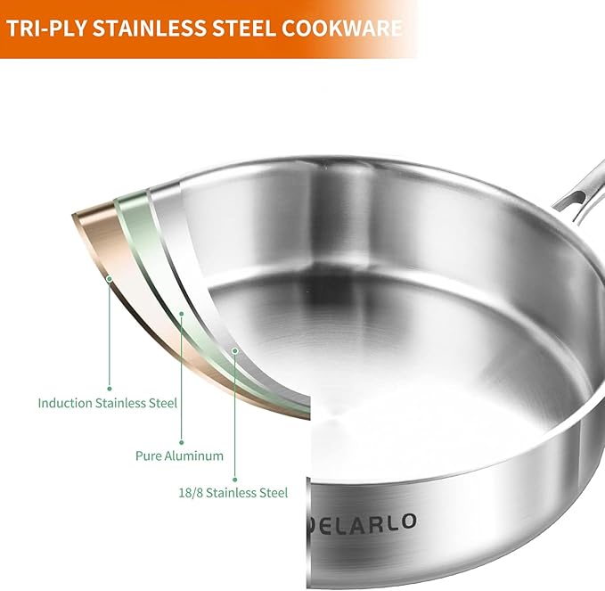 DELARLO Tri-Ply Stainless Steel Frying Pan,12 inch Skillet with Lid,6 Quart Saute Pan,Compatible with All Cooktops,Oven Up to 660??Chicken Fryer,Dishwasher-Friendly