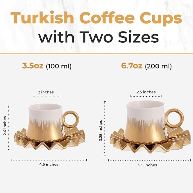 Turkish Coffee Cup Set of 6 with Saucers & Tray - Luxury Arabic Greek Japanese Marble Ceramic Tea Cups for Espresso Cappuccino Latte Mocha, Ideal Gift - 3.5oz,- White