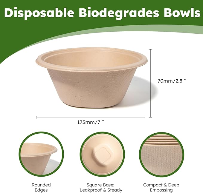 JYTIDYRA Paper Bowls, 32 Oz Disposable Bowls [100 Pack] Heavy Duty Compostable Deep Disposable Soup Bowls, Eco-friendly Biodegradable Bagasse Hot Cold Microwavable Bowls for Salad, Cereals, Dessert