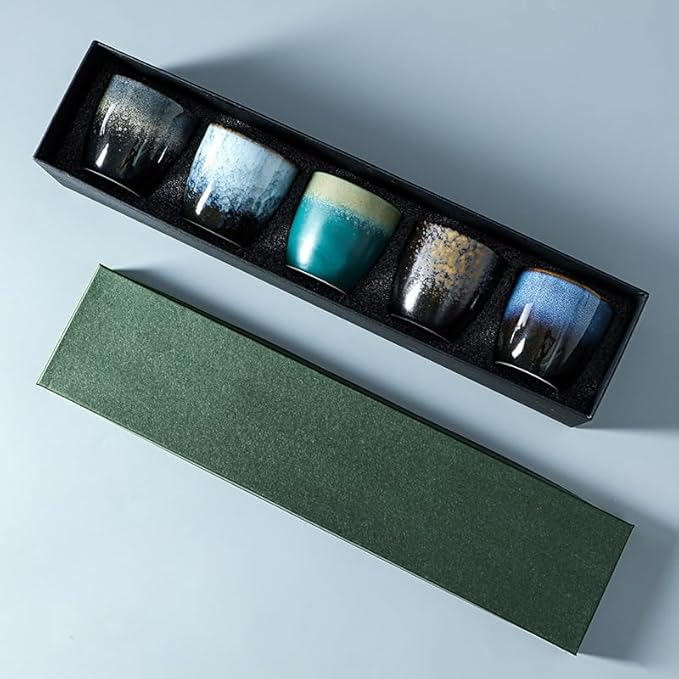 Japanese-Style Kiln Ceramic Tea Cups Set 5 oz Capacity Coffee Sake Cups Yerba Mate Espresso Cup Set of 5 with Box for Gifts
