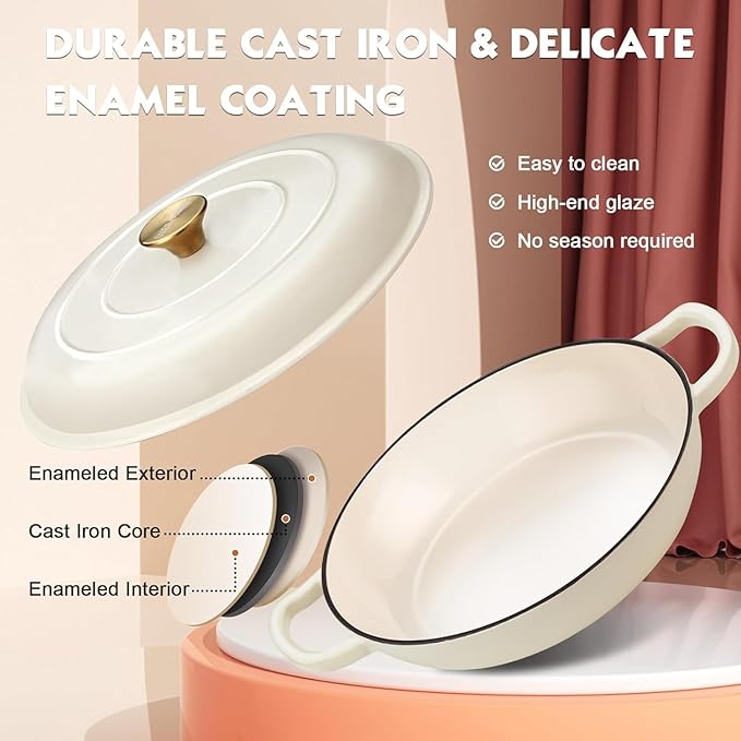 Overmont Enameled Cast Iron Dutch Oven - 3.8 Quart Dutch Oven Pot with Lid - Shallow Cookware Braising Pan - Cast iron Casserole with Cookbook & Heat-resistant Caps - Oven Safe up to 500째 F