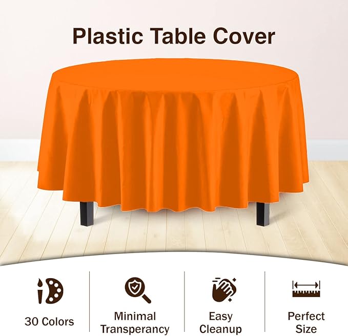 Party Solids 6-Pack Premium Plastic Tablecloth 84in. Round Plastic Table Cover - Orange