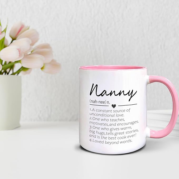 QASHWEY Nanny Definition Coffee Mug, Nanny Grandma Mother's Day Birthday Gifts for Granddaughter Grandson, Best Grandma Nanny Gifts Double Side Printed Ceramic Mug Cup 11 Ounce(Pink)