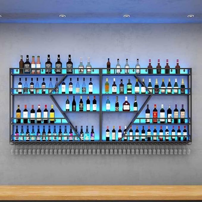 Wall Mounted Wine Rack, Large Metal Wine Bottle Holder, Modern Fashion Diamond Shaped Floating Bar Unit Wine Storage Shelves, for Home Restaurant Bars Decor (Black, 4 Tier - 95in)