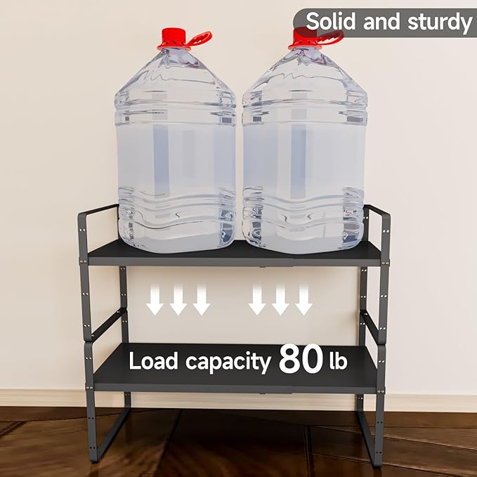 16.5-27?쇺셂 Expandable Kitchen Shelf Organizer, Stackable Shelves Organizer, Adjustable Height Pantry Spice Rack for Cabinet, Countertop, Pantry and Cupboard, Black