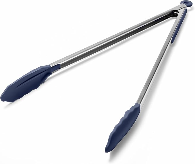 Doosu Kitchen Tongs for Cooking - 600째F Heat Resistant Food Tong with Non-Scratch Silicone Tips, Heavy Duty Stainless Steel Locking Tong for BBQ, Grilling Steak, Serving Salad Pasta (16in, Navy Blue)