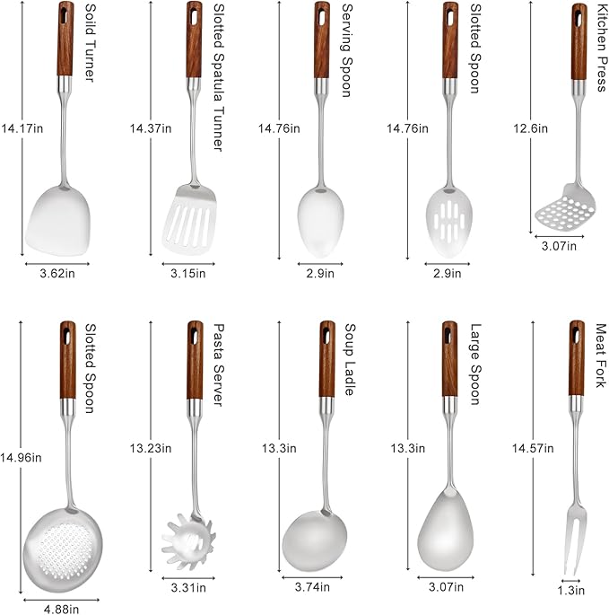18 10 Stainless Steel Kitchen Utensils Set with Wood Handle,10PCS Metal Cooking Utensils Set, Stainless Steel Cooking Utensils Sets Heat Resistant Wok Tools(12-15in)