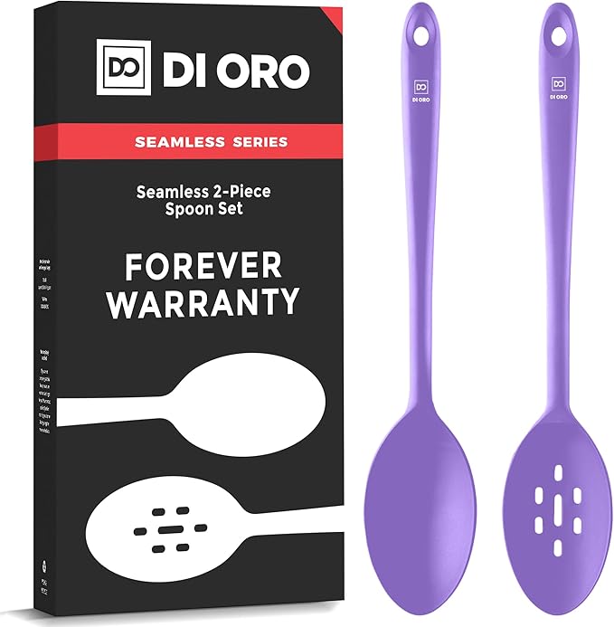 DI ORO Silicone Spoons for Cooking - Large Kitchen Spoons for Mixing, Serving & Stirring - 600째F Heat-Resistant Non Stick Utensils ??Big Solid & Slotted Basting Spoon - Dishwasher Safe (2pc, Lavender)