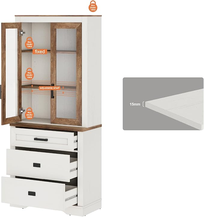 WAMPAT 3 Tier Pantry Cabinet with Drawer,73.3" Tall Floor Standing Cupboard,Modern Farmhouse Display Kitchen Buffet with Adjustable Shelves and Glass Door for Dining Room,Living Room,White Oak