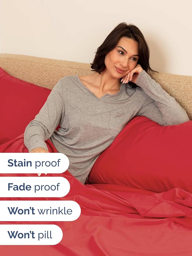 Extra Deep Pocket Cal King Sheets - 4 Piece Breathable & Cooling Bed Sheets - Hotel Luxury Bed Sheet Set - Soft, Wrinkle Free & Comfy - Easily Fits Extra Deep Mattresses - Deep Pocket Red Sheets Set