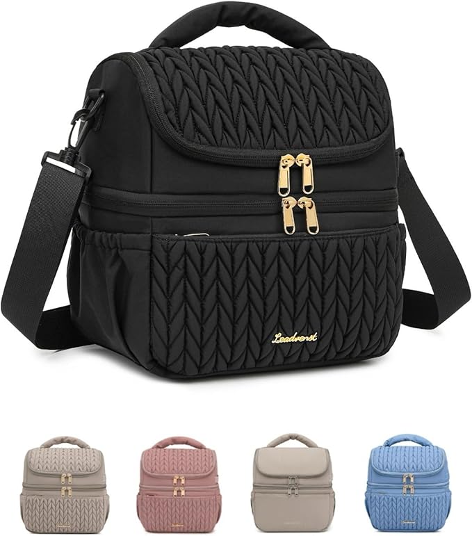 LEADVENST Lunch Bag Women, Double Deck Insulated Lunch Box - Large Capacity 12L with Detachable Divider for Tall Items, Leakproof, Durable & Reusable Cooler Bag For Work Picnic Travel, Quilted Black