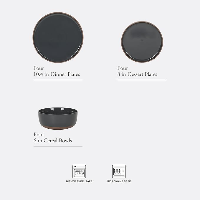 Gibson Elite Northrock Stoneware Dinnerware Set, 12-Piece Service for 4 Plates and Bowls Set ??Charcoal Blue Dishes with Hand-Painted Terracotta Base