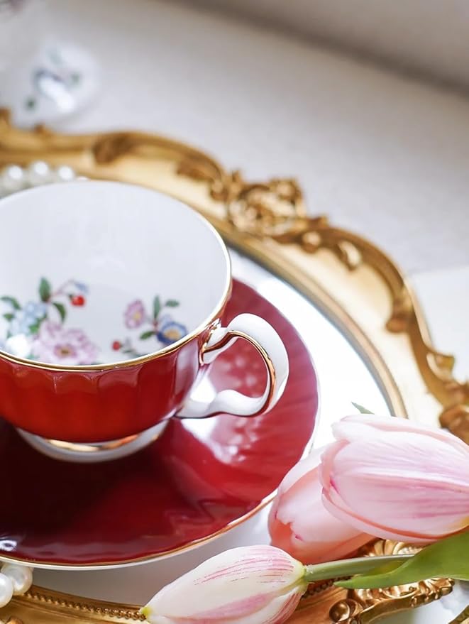 Aynsley Pembroke Glaze Oban 2-Piece Fine Bone China Teacup & Saucer - 6oz (180ml), Handpainted Floral with Gold Trim - Vintage Gift Set-Red
