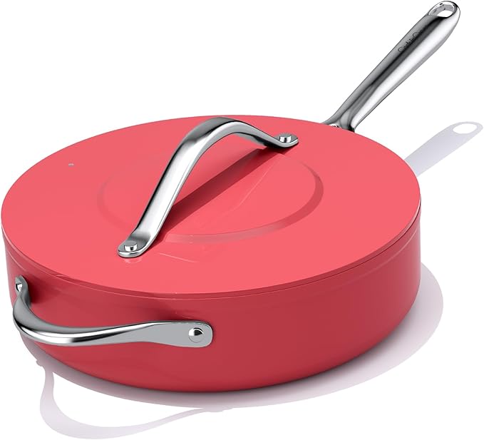 Nonstick Ceramic Saut챕 Pan with Lid (4.5 qt, 11") Deep Frying Pan for All Cooktops Non Toxic Skillet PTFE/PFAS Free Dishwasher & Oven Safe up to 500째F w/Stainless Steel Handle, Fusion Red