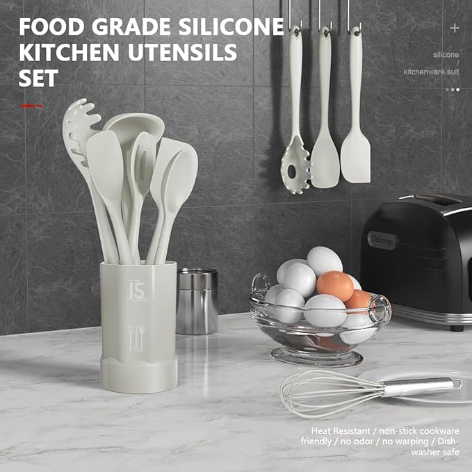 AOTHOD Silicone Cooking Utensils Set - 446째F Heat Resistant Silicone Kitchen Utensils,Spatula,Spoon, Kitchen Utensil Sets Gadgets Tools Set for Nonstick Cookware,Dishwasher Safe Bpa Free (Cream White)