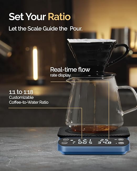 Maestri House S3 Coffee Scale with Timer, 3kg/0.1g Rechargeable Digital Scale, 3 Brew Modes, Adjustable Ratios & Flow Rate Display, Barista-Grade for Pour-Over, Espresso, French Press ??Blue