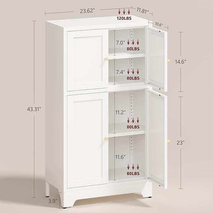 43" H Metal White Pantry Cabinets with Doors,Small Kitchen Pantry Cabinet,Small Storage Cabinets,Food Pantry Cabinet with 4 Doors and Shelves for Kitchen and Dining Room