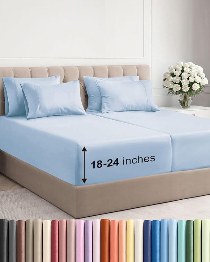 Extra Deep Split King Sheet Set - 7 Piece Breathable and Cooling Sheets - Hotel Luxury Bed Sheets Set - Easy Fit - Soft, Wrinkle Free and Comfy Sheets Set - Sky Blue Sheet Set with Extra Deep Pockets