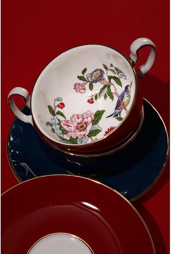 Aynsley Pembroke Glaze Oban 2-Piece Fine Bone China Teacup & Saucer - 6oz (180ml), Handpainted Floral with Gold Trim - Vintage Gift Set-Red