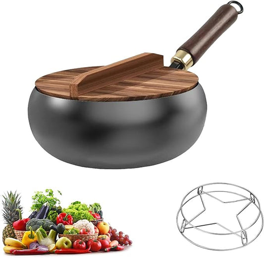 Japanese Frying Pan, Woks & Stir-Fry Pans with Stainless Steel Pot Support, Nonstick Wok, No Chemical Coated Flat Bottom Hand Hammered Chinese Wok For Gas (Wooden lid, 28)