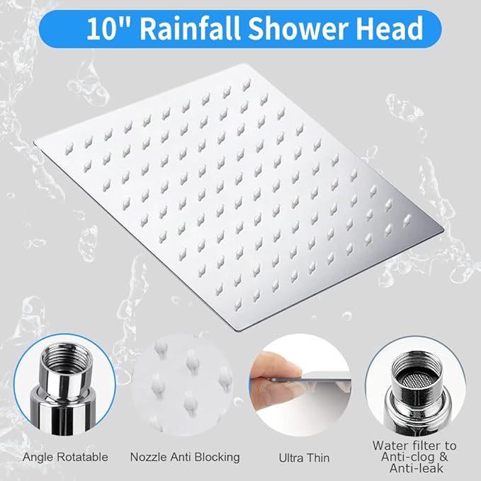 Shower Head, Kaqinu 10'' High Pressure Rainfall Shower Head/Handheld Showerhead Combo with 11??Extension Arm, Anti-leak Shower Head with Holder/Hose, Flow Regulator - Chrome