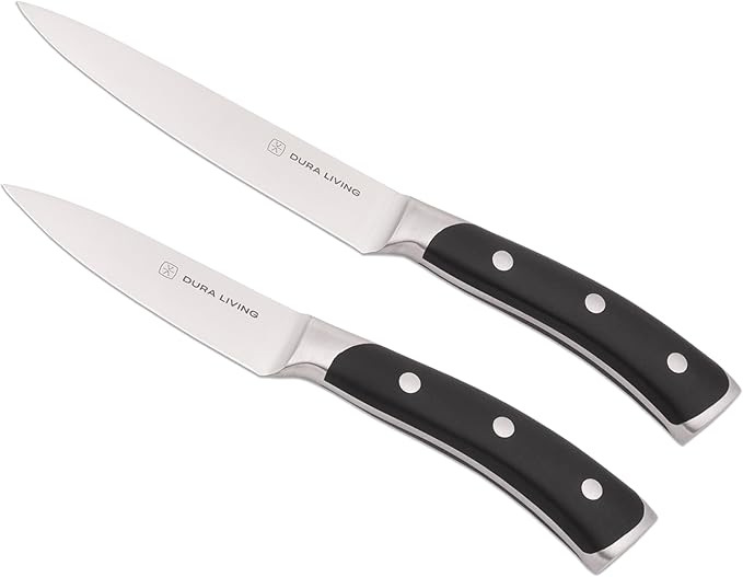 DURA LIVING 2-Piece Kitchen Knife Set ??Ultra Sharp Precision German Stainless Steel Blades, 5??Utility & 3.5??Paring Knife with Ergonomic Handles, Multipurpose for Slicing & Peeling, Black Handle