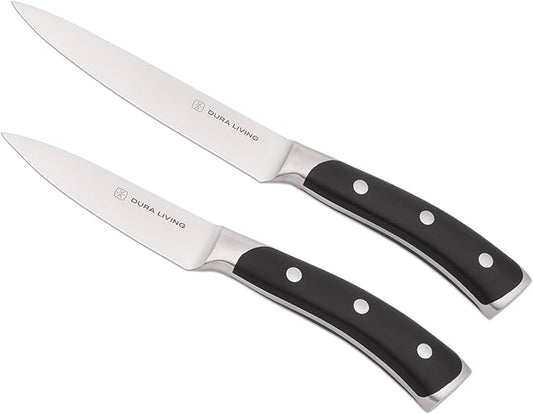 DURA LIVING 2-Piece Kitchen Knife Set ??Ultra Sharp Precision German Stainless Steel Blades, 5??Utility & 3.5??Paring Knife with Ergonomic Handles, Multipurpose for Slicing & Peeling, Black Handle