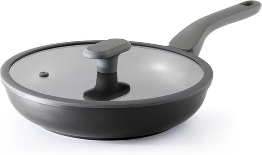 PRICUSIS Nonstick Frying Pan with Lid, 8/10 Inch Skillet with Stay Cool Handle, Fully Coated, Induction Compatible & Oven Safe, 100% Dishwasher Safe, PTFE & PFOA Free（8 Inch, Black Sesame）
