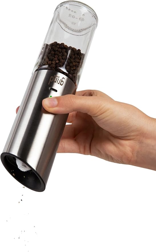 Grind Gourmet Automatic Electric Salt or Pepper Grinder Mill, Gravity Activated Pepper Grinder, Battery Operated with LED Light, Adjustable Coarseness, Home & Kitchen Small Appliance, Cooking Tool