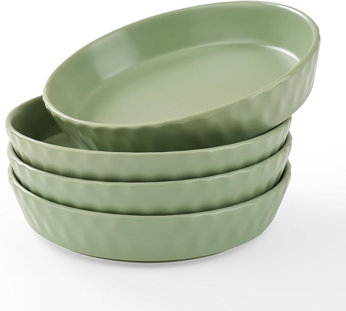 Dinner Plates Set of 4, 8 Inch Ceramic Salad Plates With High Rim for Pasta, Salad, Steak and Main Course, Microwave, Oven and Dishwasher Safe - Green
