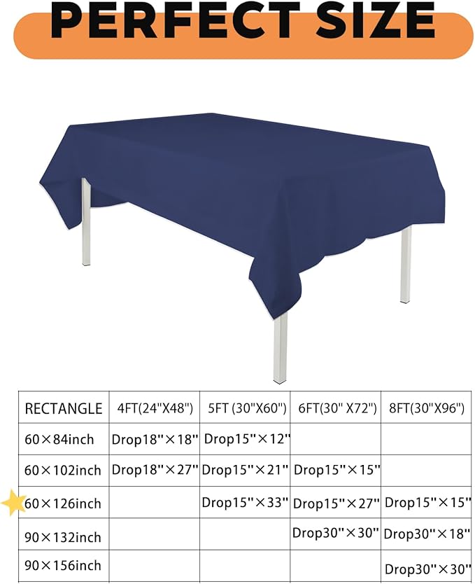 TWINPRET Rectangle Tablecloth 60 x 126 Inch, Navy Blue Waterproof Washable Polyester Table Cloth - Stain & Oil Resistant Rectangular Table Cover for Banquet & Party (Fits 8 Foot Tables) [2 Pack]