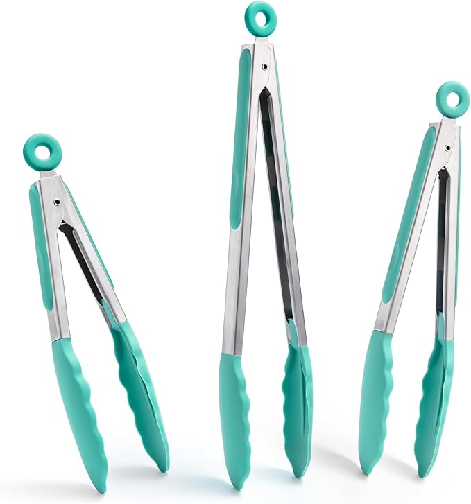 Doosu Kitchen Tongs for Cooking - 600째F Heat Resistant Food Tong Set with Non-Scratch Silicone Tips, Heavy Duty Stainless Steel Locking Tong for BBQ, Grilling Steak, Serving (7+9+12in, Aqua Sky)