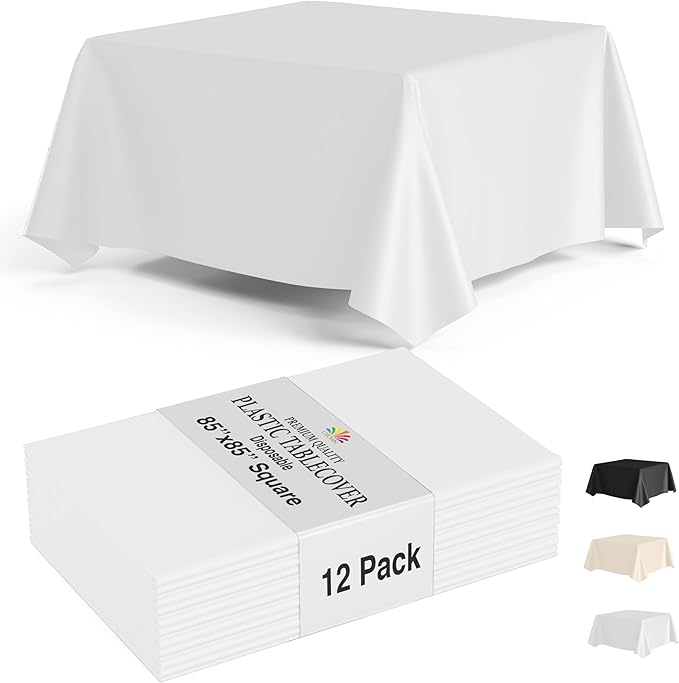 Party Solids 12-Pack White Square Plastic Disposable Tablecloth ??Size: 85 횞 85 Inches ??Square Table Cover for Parties, Picnics & Formal Events
