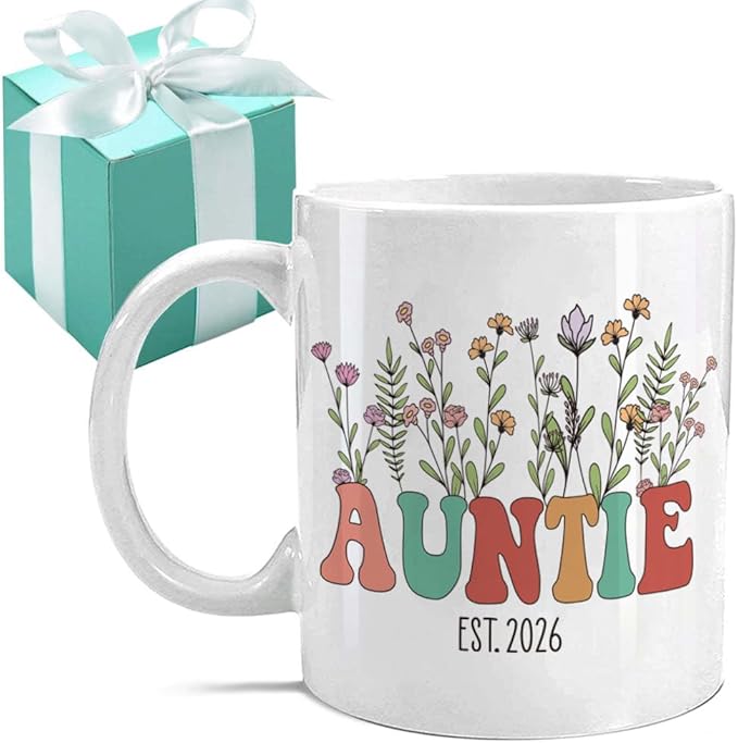Wildflowers Auntie Mug - Promoted to Auntie Est 2026 - Aunt to Be Gift - Pregnancy Announcement Gift for Best Friend - New Aunt Mug - Christmas Gifts for Aunts
