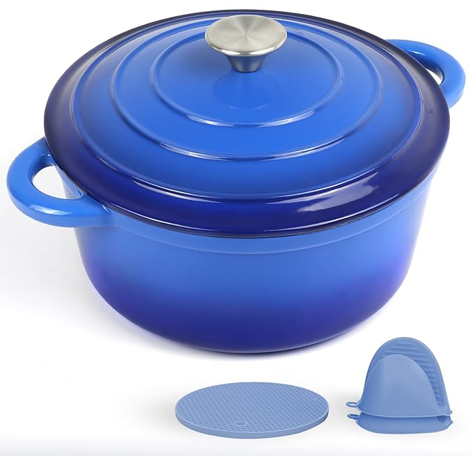 6 Quart Enameled Cast Iron Dutch Oven Pot with Lid and Silicone Accessories, Oven Safe up to 500째F or on Stovetop, Non-stick Dutch Oven for Bread Baking, Cooking, Dual Handles Cookware, Blue