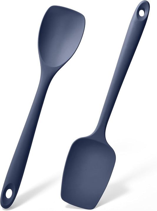 Doosu Silicone Spoon Spatula Set of 2, 600쨘F Heat-Resistant Food Grade Rubber Spoonula with Seamless Design, Non-Stick Dishwasher Safe Kitchen Utensils for Cooking Baking Mixing Scraping (Navy Blue)