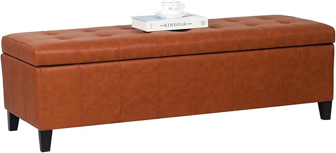 DECO DE VILLE Ottoman with Storage, 51 Inch End of Bed Storage Ottoman Bench, Faux Leather Upholstered Ottomans with Hinged Lid, Rectangle Long Foot Rest Bench for Living Room Bedroom Red Brown