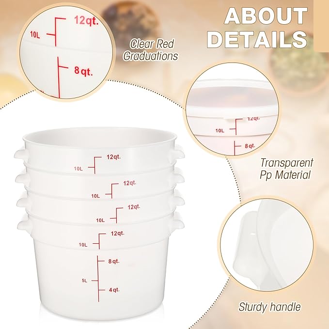 Hushee 4 Pcs Commercial Food Storage Containers Round PP Food Storage Containers with Lids for Pantry Translucent Plastic Tubs with Lids for Storage Food Safe Bucket with Scales and Handles (10 Quart)