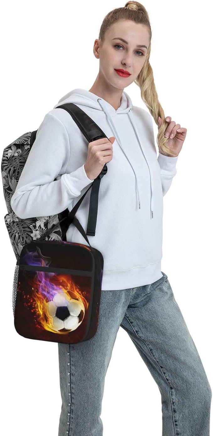 YIJIUWKIS Boys Insulated Lunch Box with Fire Soccer Pattern Print, Sports-themed Lunch Bags with Water Bottle Holder for Adults Kids Teens, Reusable Portable Tote Meal Bags Gifts for Son Daughter