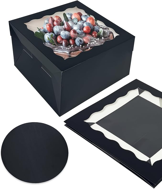 qiqee Black 10x10x8 Cake Box, 4 Sets Cake Box with Window 竊?4 Sets 10" Cake Round Boards, 10inch Cake Containers, 10 Meters Pink Silk Ribbon Includes