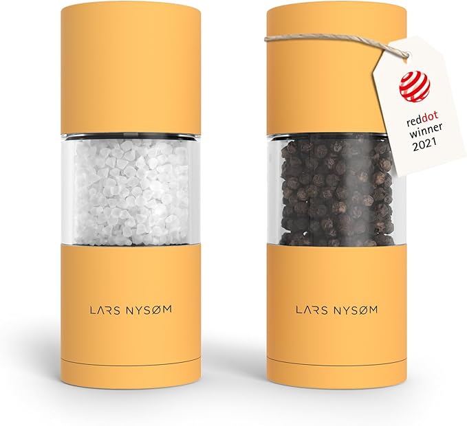 LARS NYS횠M Salt and Pepper Grinder Set, Manual Salt and Pepper Mills with Adjustable Ceramic Grinder, Design Spice Shaker Set (Mustard Yellow)
