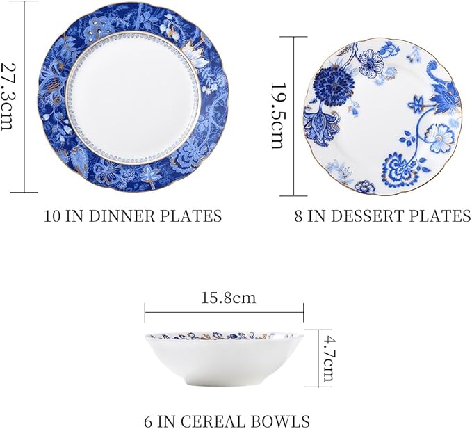 Exquisite ceramic tableware 3 Piece Bone China Modern Round Dishes Sets,Dinnerware dishset for Kitchen,Dinner Plate,Dessert Plate,Soup Bowl,Blue flowers
