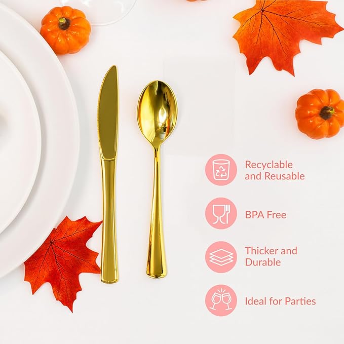 Prestee 300 Count Gold Plastic Silverware Set - Heavy Duty Disposable Cutlery with 100 Forks, 100 Spoons, and 100 Knives - Elegant Gold Plastic Forks and Spoons for Weddings, Holidays, and Parties