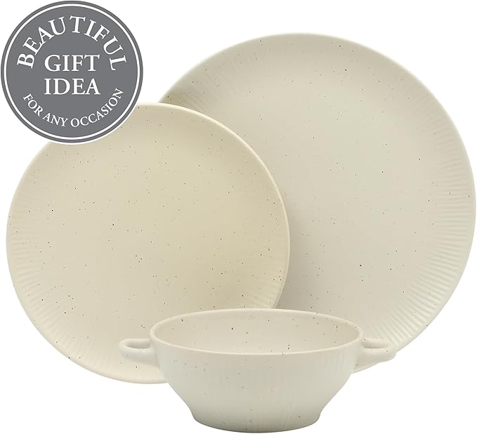 Gibson Elite Clover Hill 12-Piece Stoneware Dinnerware Set ??White Cream Embossed Plates and Bowls with Matte Speckled Reactive Glaze, Service for 4 ??Microwave & Dishwasher Safe