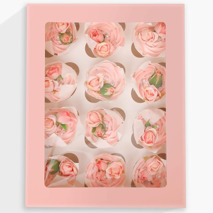 qiqee Auto-pop Up Cupcake Boxes with Window Pink 40PCS 12 Count Cupcake Box 13"x10"x3.5" Cupcakes Carrier, 12 Cupcake Containers with 2 rolls of pink ribbons