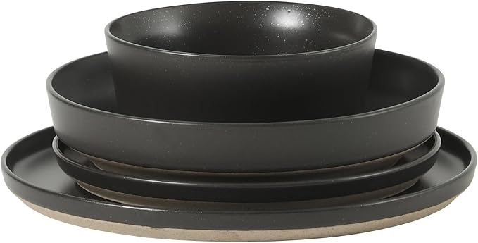 Gibson Elite Overbrook 16-Piece Pottery Clay Stoneware Dinnerware Set ??Black Reactive Glaze, Stackable Plates and Bowls W/Pasta Bowl, Service for 4 ??Microwave & Dishwasher Safe